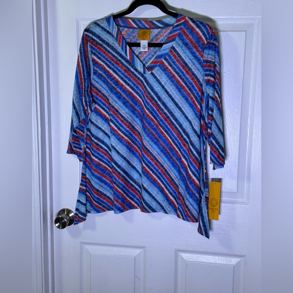 Ruby Rd. Diagonal Stripe V-Neck Top - Blue, Red, Navy